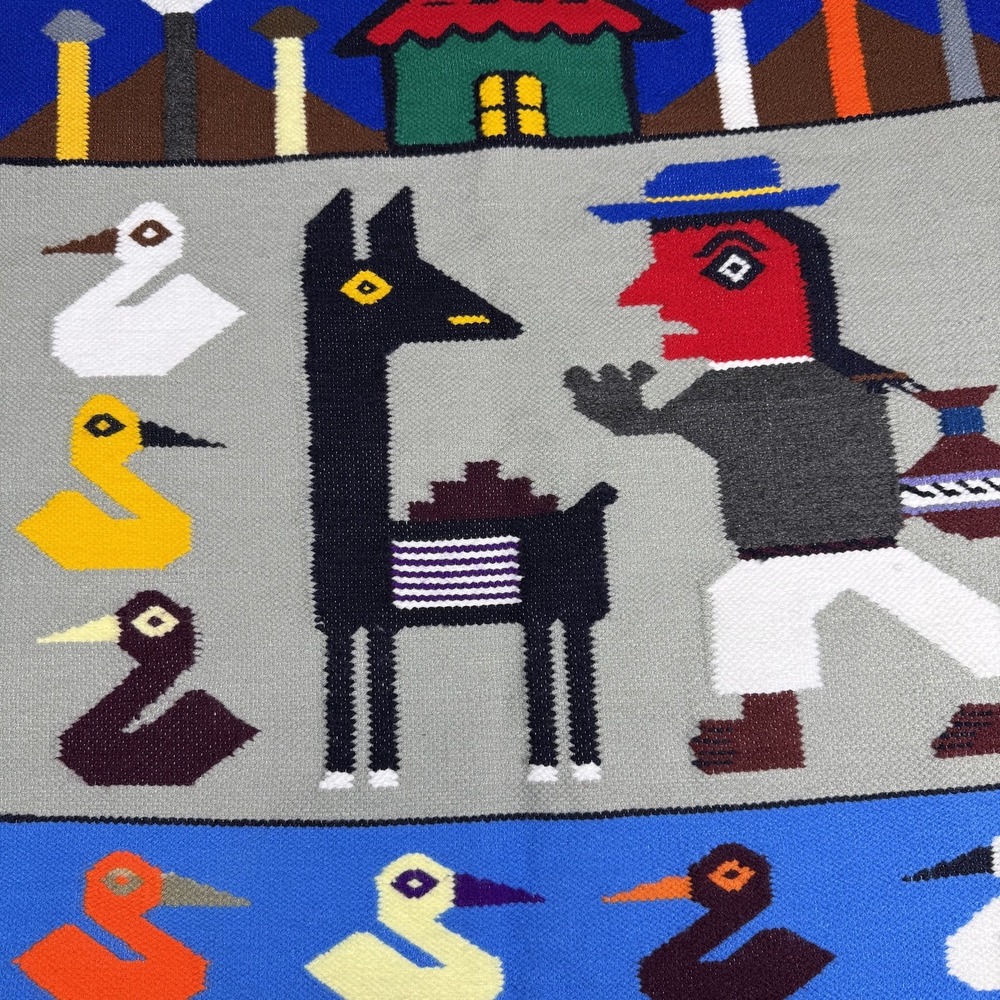 Vintage Peruvian Tapestry Hand Woven Wool Farm Landscape South America 25 X 41 - Picture 7 of 9